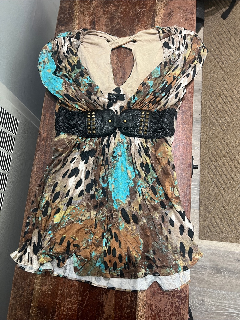 Sky Turquoise Brown Animal-Print Tunic with Black Braided Belt